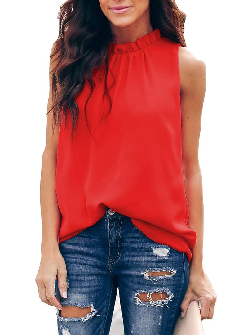 Allimy Women Summer Casual Chiffon Sleeveless Tank Tops Blouses Work Shirts Tunics Red Medium - Image 2